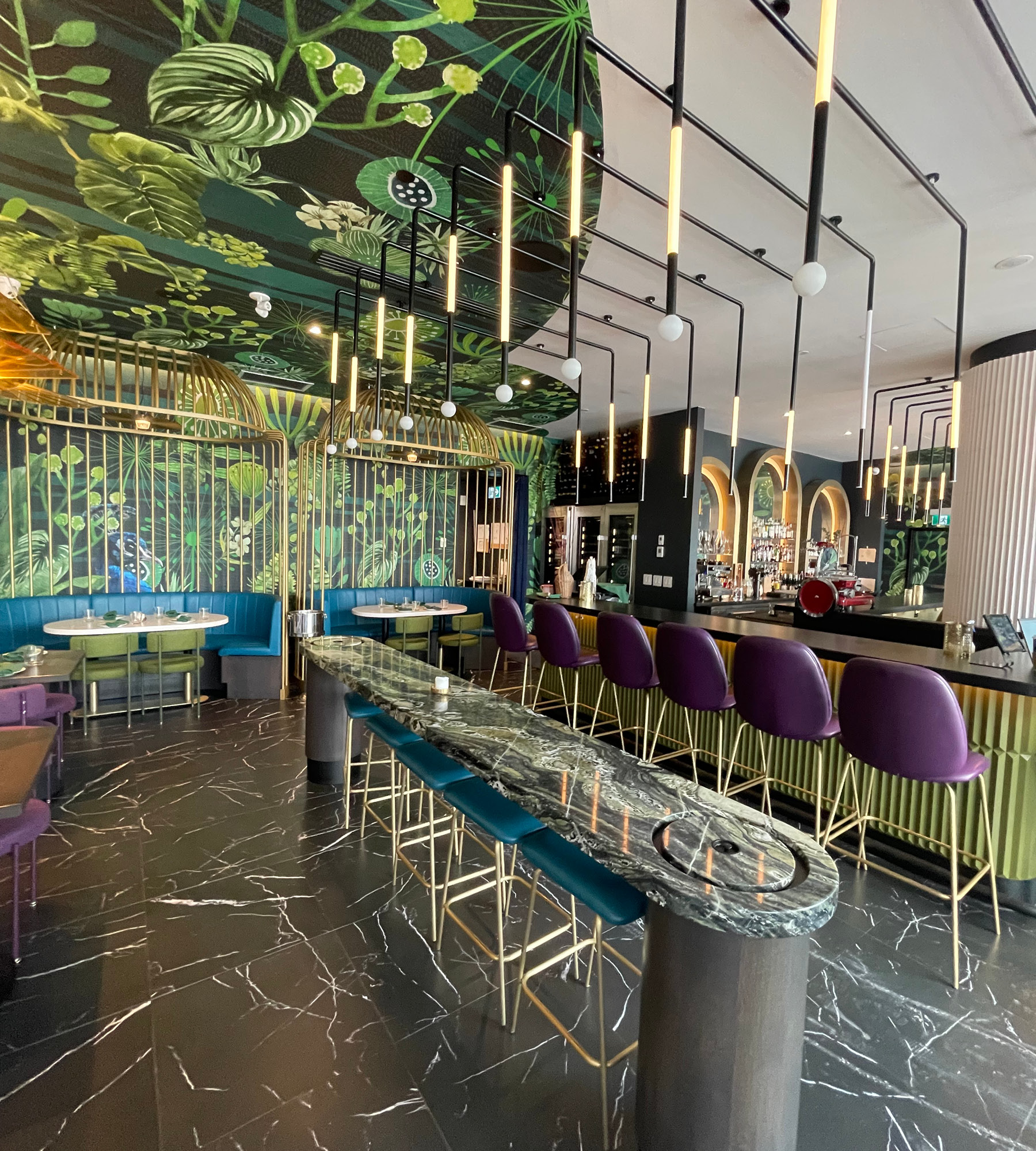 Peacock Wine Bar Columns, Bar Banquettes, Wine Glass Racks, Mirrored